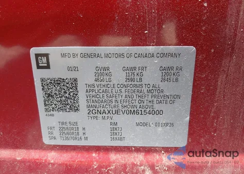 2021 Chevrolet Equinox Awd Lt из США, поврежденный, VIN 2GNAXUEV0M6154000